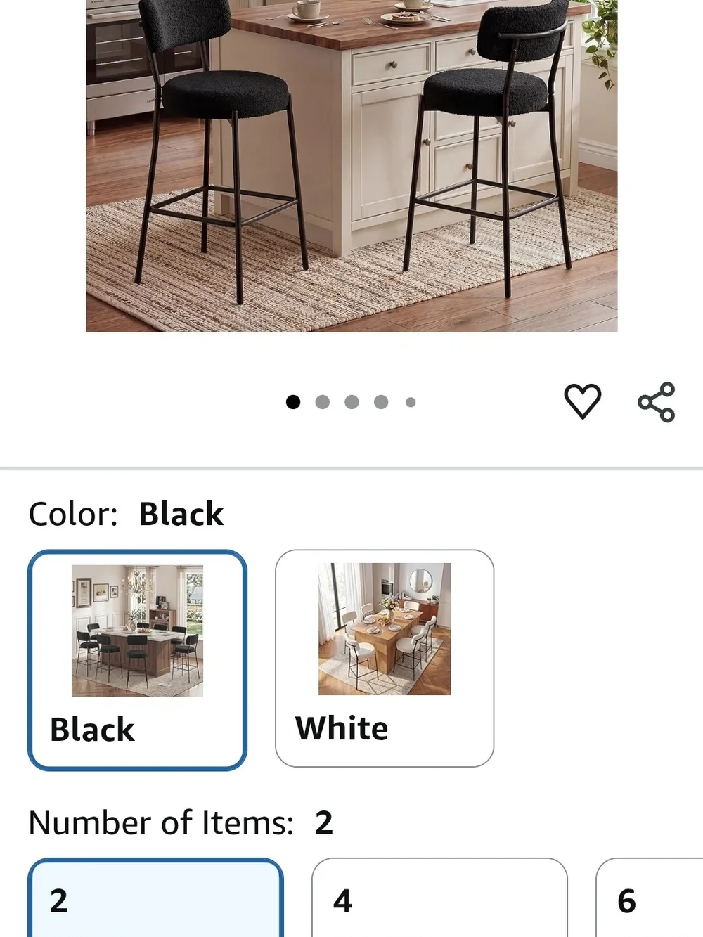 Black Bouclé Counter Height Bar Stools Set of 2 with Back and Metal Legs